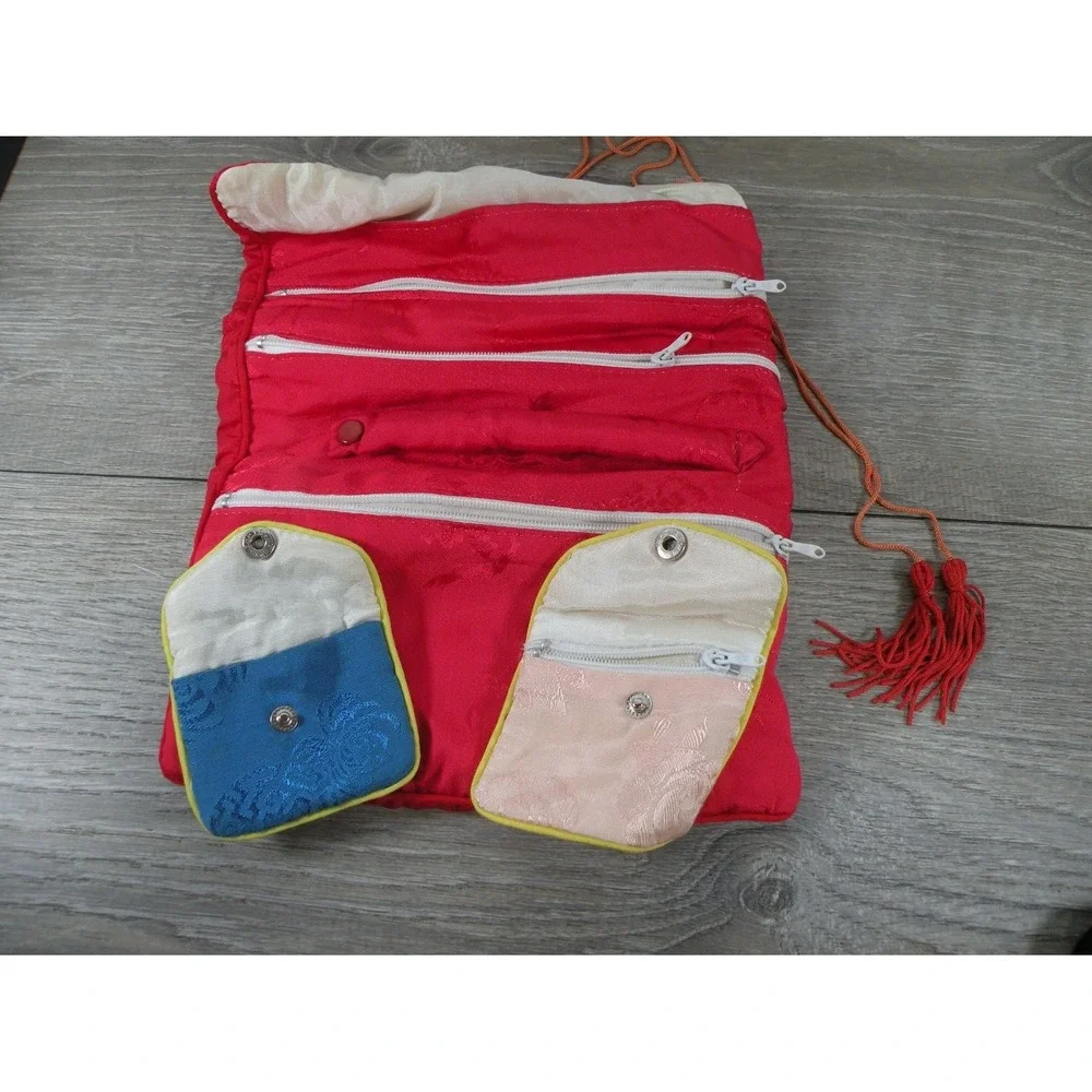 Vintage Silk Brocade Jewelry Roll Travel Organizer Case Red Floral Pouch